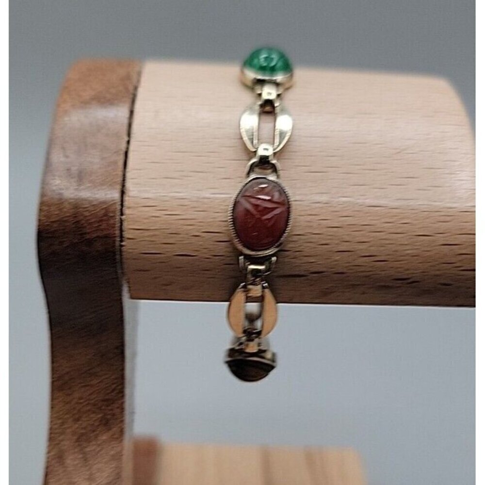 14k W. E. Richards Co. Symmetalic Sterling & Scarab Bracelet 6" Gemstones 1940s - Picture 2 of 15